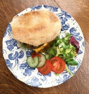 Beef burger with Hash brown, salad and Shaws Mighty American style Relish sandwich