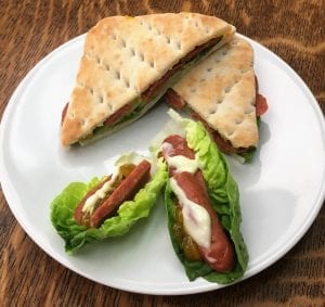 Farmshop Tomato Sausages with Mayonnaise and Shaws American style Relish sandwich