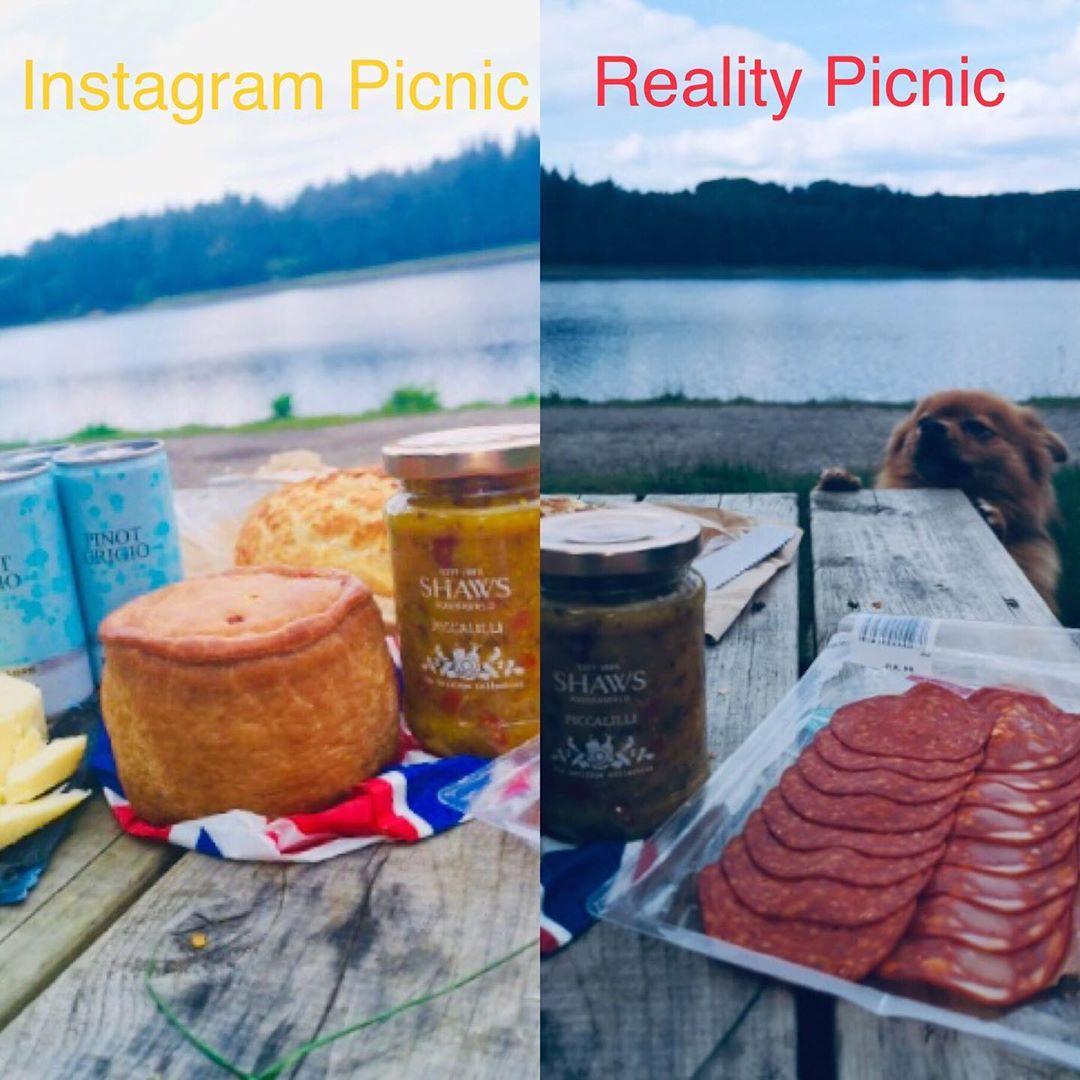 Did you have any #instafood worthy picnics this weekend like us?! Gotta love the #instagramvsreality edit here… #dogsofinstagram getting in on the picnic action 😂

#nationalpicnicweek #piccalilli #ploughmans #pinotgrigio 
#justchuffingreat